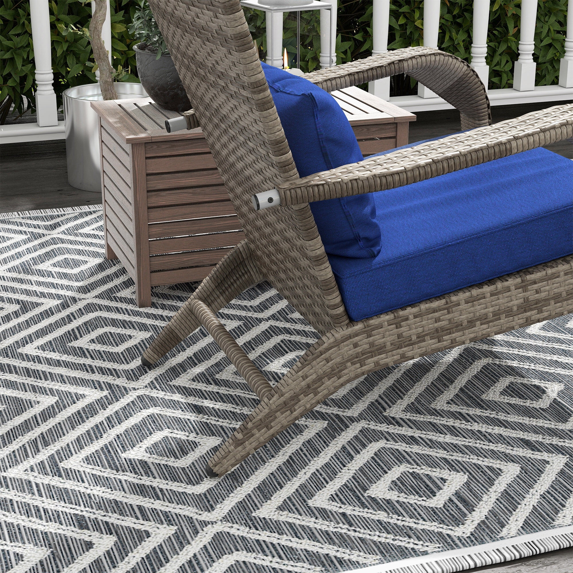 Patio Furniture Outsunny Patio Wicker Adirondack Chair with Ottoman, Outdoor Fire Pit Chair with Cushions, High-Back, Large Seat & Armrests for Deck, Garden & Backyard, Dark Blue,Patio Chairs