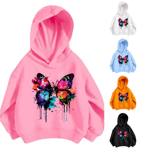 WAYUTE Girls Sweatshirt Oversized Colorful Butterfly Graphic Hoodies Rib Hemline Soft Loose Long Sleeve Fall Outfits Casual Dailywear,Pink,Size 4-5 Y