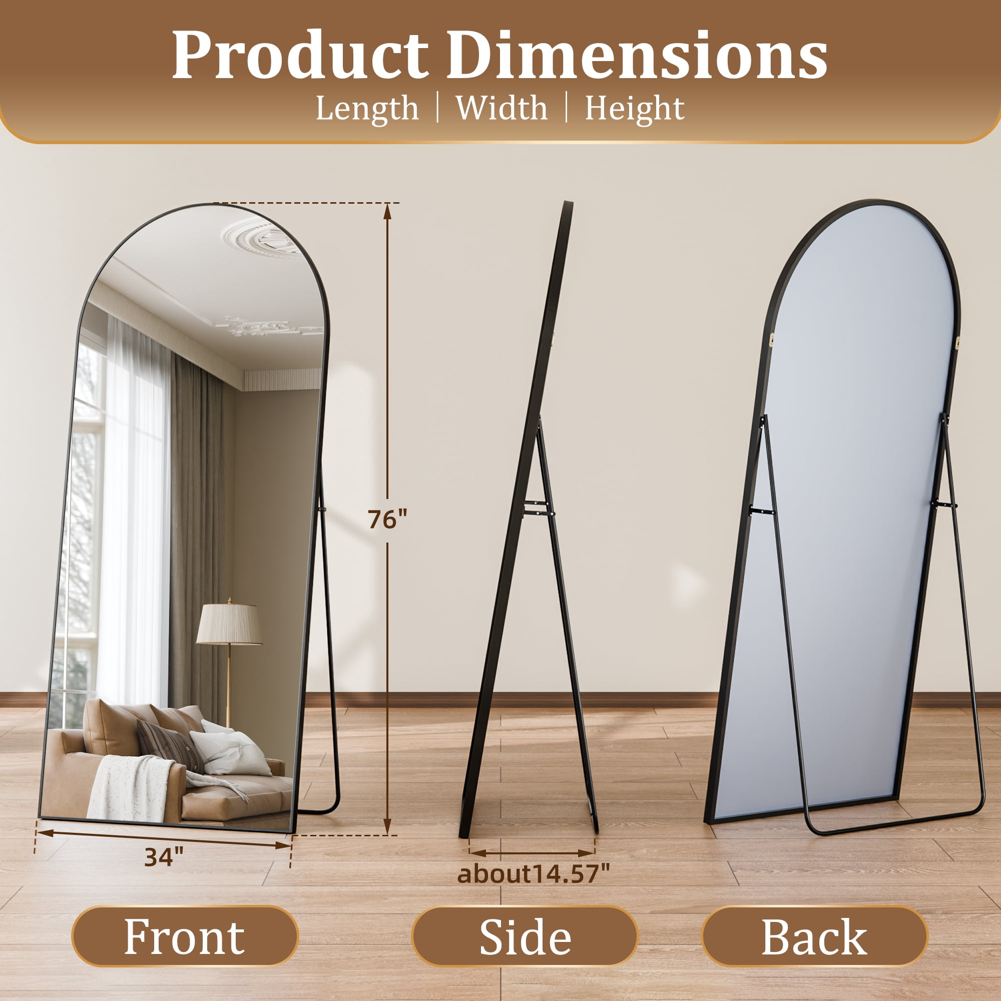 Easy4Home 76"x 34" Arch-Top Oversized Full Length Mirror Metal Frame Freestading Floor Mirror, Black