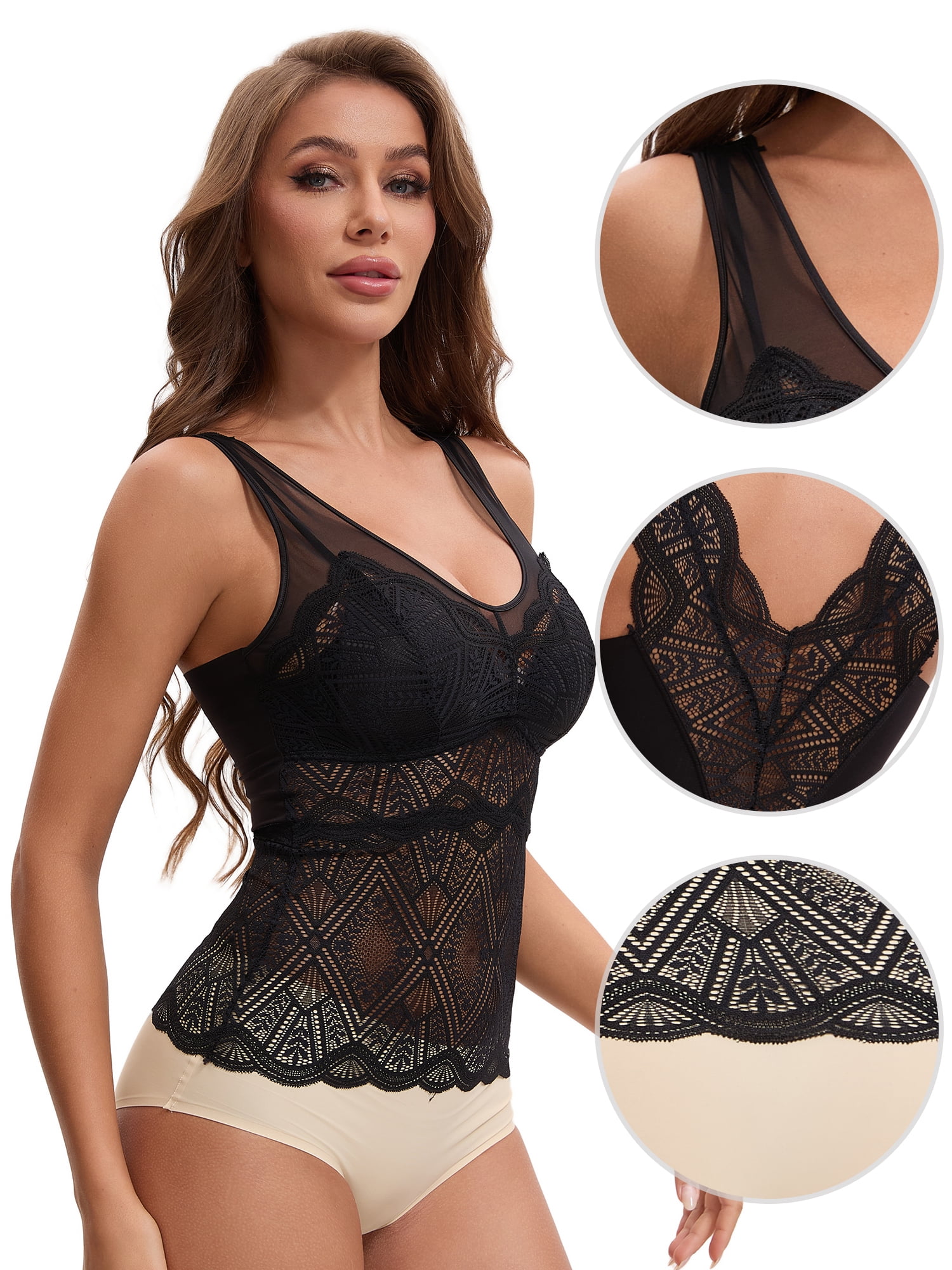 Unique Bargains Women's Lace Mesh V Back Wide Strap Fixed Cup Camisoles XL Black