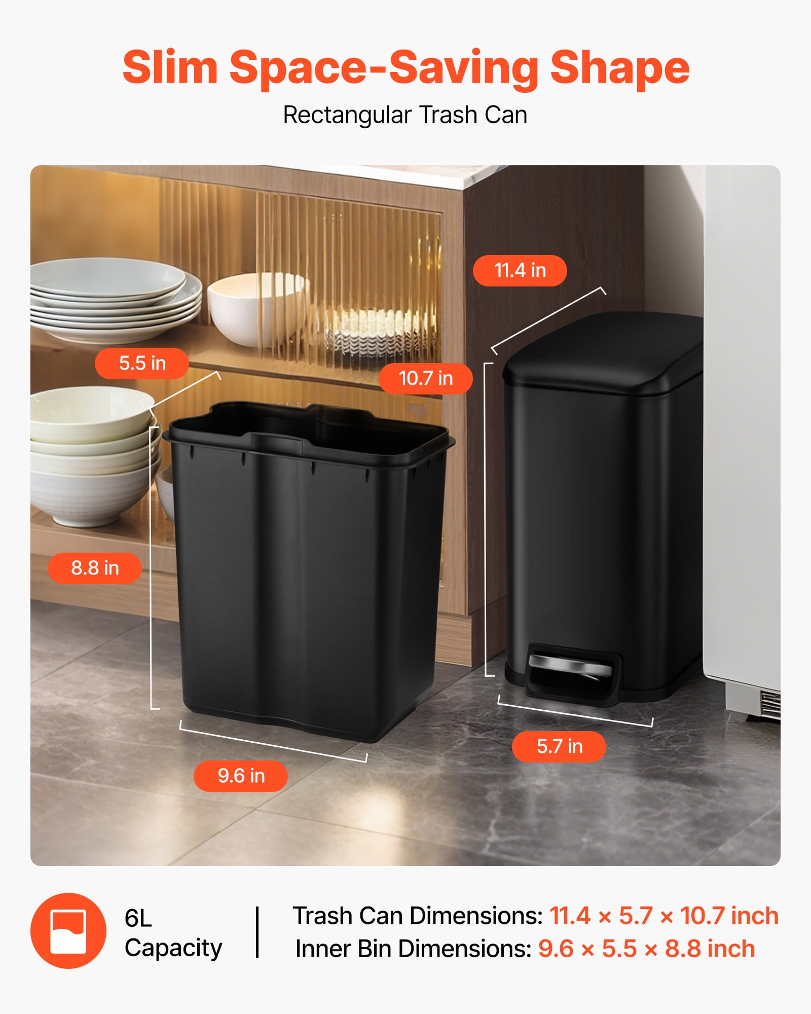 VEVOR Slim Bathroom Trash Can, 11.4 x 5.71 x 10.7 Inch Small Bedroom Trashcan with Step Pedal & Soft Close Lid, 6L Steel Garbage Can with Detachable Inner Bin, for Kitchen, Home, Dorm,Office,Black