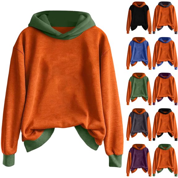yoeyez Halloween Hoodies for Women Pumpkin Raglan Sleeve Hooded Sweatshirts Color Block Fall Fashion Pullover Tops Blue,S