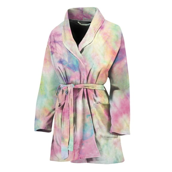 Pastel Tie Dye Women Bathrobe One Size Univeral Fits, Tie Dye Pattern Fashion Lightweight Plush Fleece Long Robe For Women