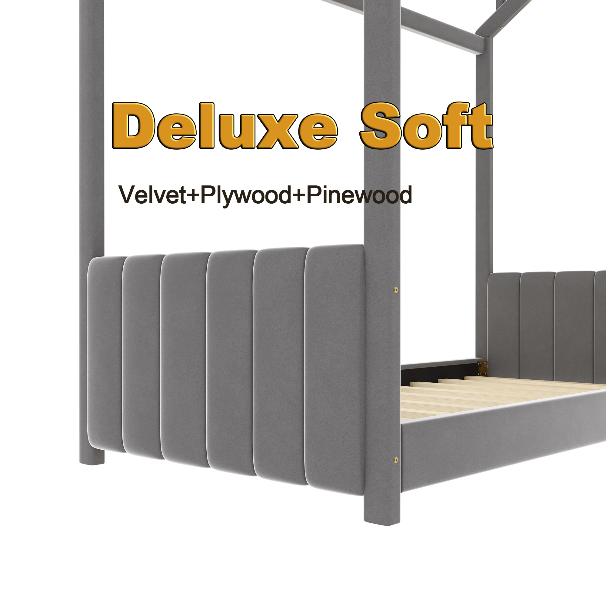 Bellemave Twin Size House Bed, Velvet Montessori Floor Bed with Headboard & Footboard, Twin Bed Frame for Girls Boys（Twin, Grey)
