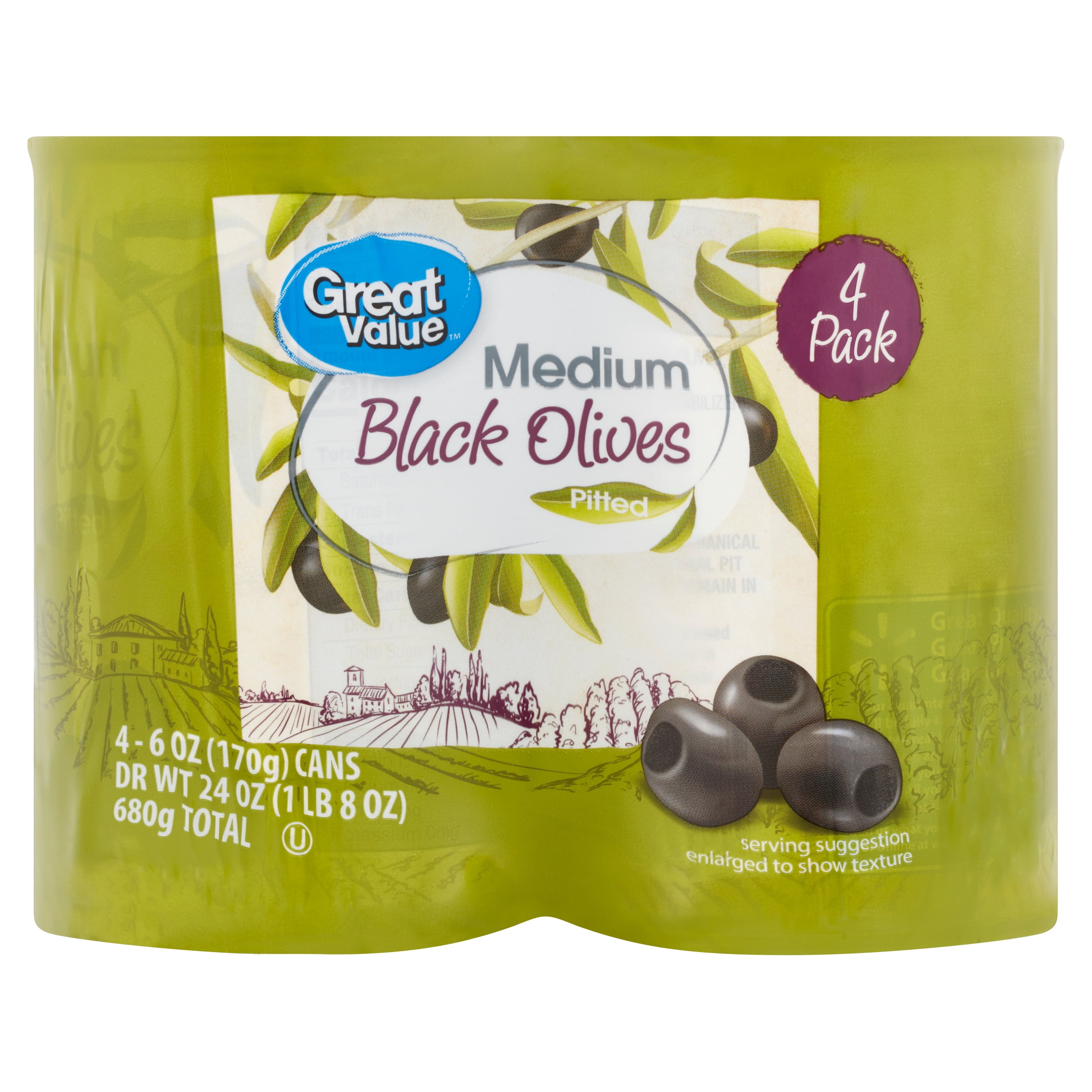 Great Value Medium Pitted Black Olives, 6 oz, 4 Count. Major Allergens Not Contained. Gluten Free.