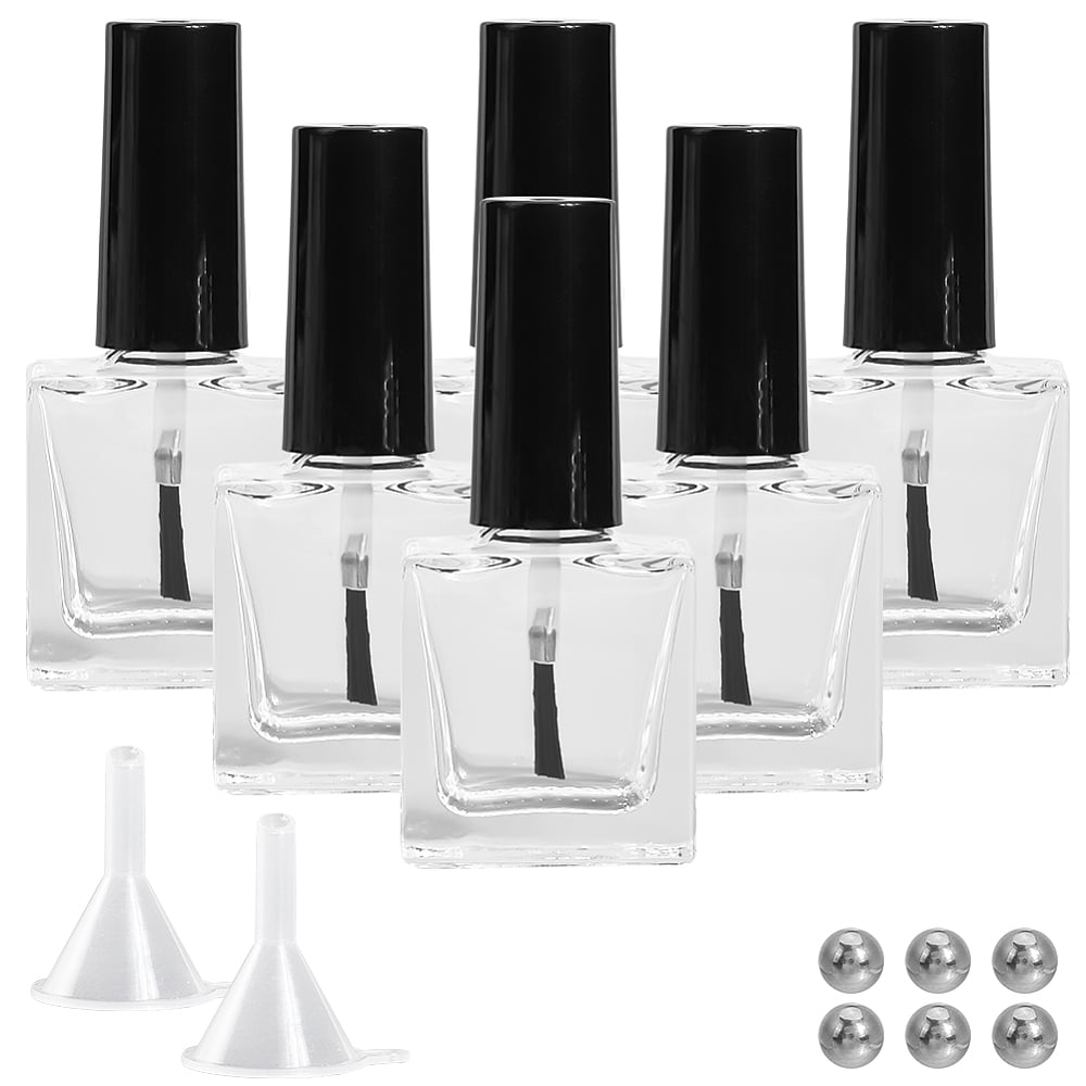 6Pcs Empty Nail Polish Bottles with Black Brush Cap 10ml Clear Square Glass Refillable Fingernail Polish Bottles with 6Pcs Mixing Agitator Balls 2Pcs