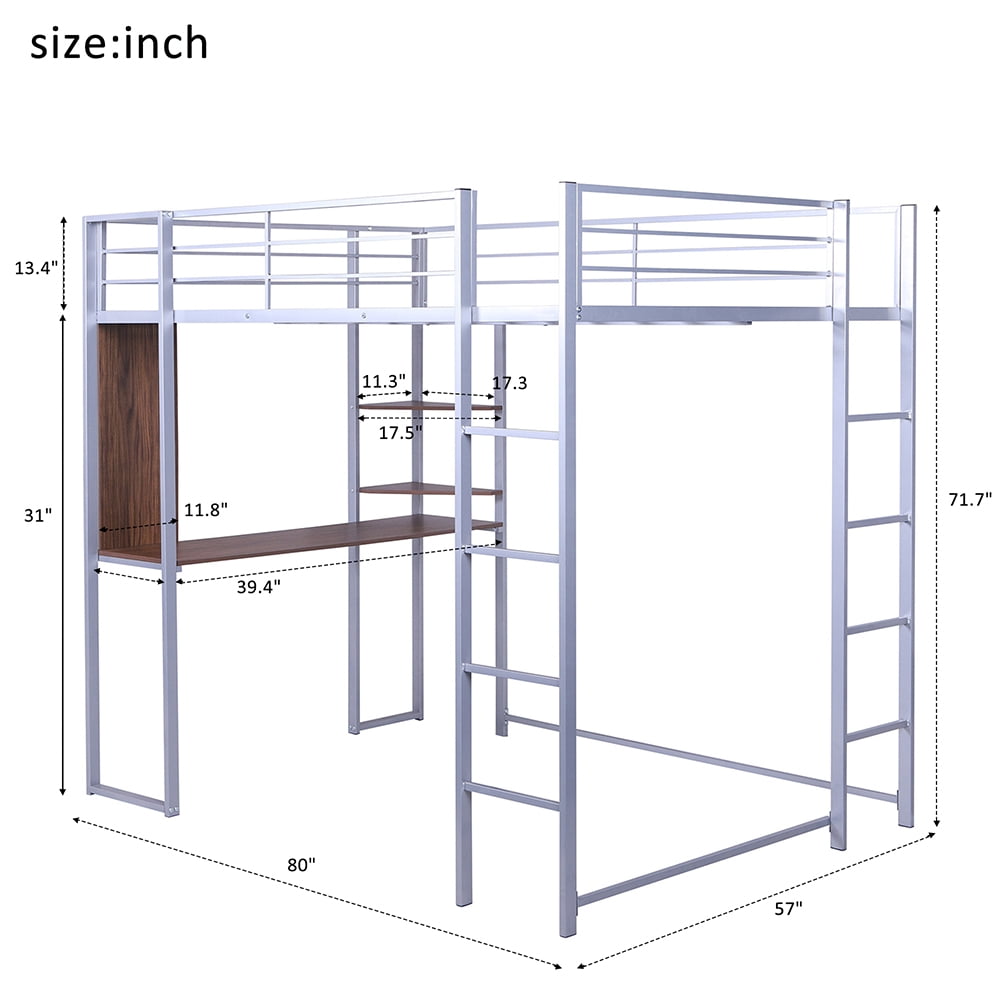 Kepooman Full Size Metal Loft Bed with 2 Shelves and one Desk ,Silver Kepooman Full Size Metal Loft Bed with 2 Shelves and one Desk ,Silver