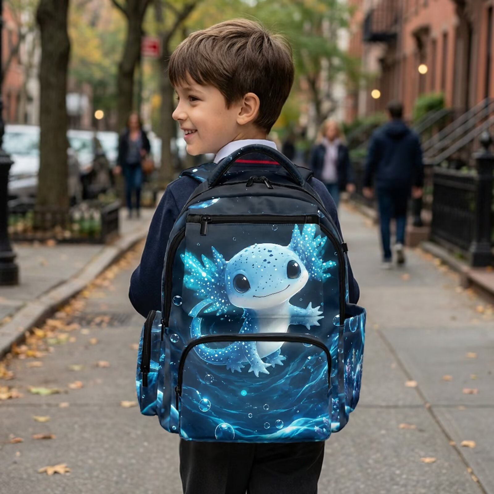 Mochila infantil de ajolote azul para niñas, con estampado de acuarela, ligera, con múltiples bolsillos, regalo de regreso a clases 5
