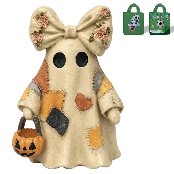 Vintage Halloween Decor Resin 4" - Light Up Ghost Statue & Pumpkin Lantern for Mantel Shelf & Entryway, 1 Pack Available