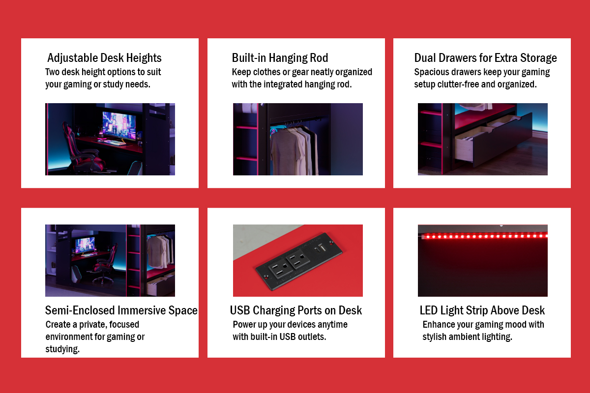 Aukfa Full Size Gamer Loft Bed with Adjustable Desk, RGB LED Lights, Drawers, Charging Station, Storage Compartments & Clothes Hanging Rod, Wooden Esports Bed, Red