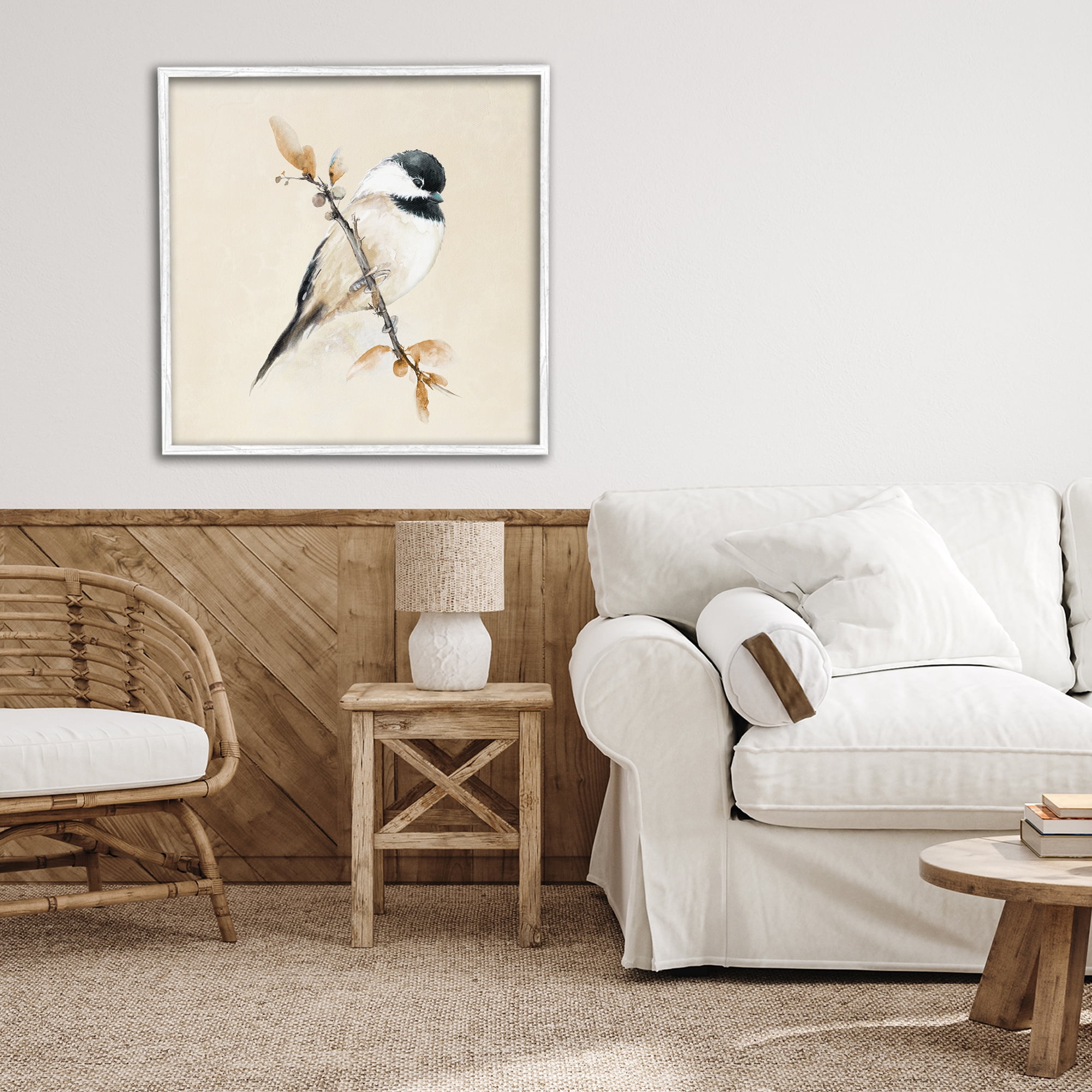 Stupell Industries Muted Watercolor Chickadee White Framed Giclee Art, design by Diannart