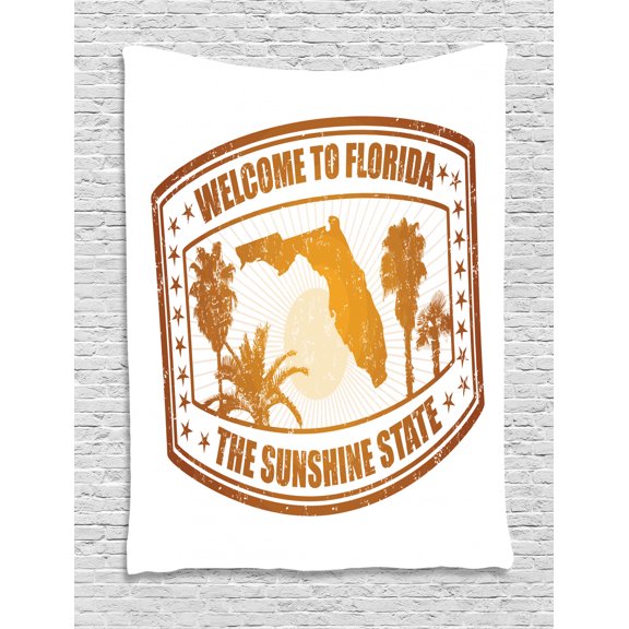 Florida Tapestry, The Sunshine State of America City Map Trees and Stars Travel Stamp, Wall Hanging for Bedroom Living Room Dorm Decor, 60W X 80L Inches, Orange Ginger and White, by Ambesonne