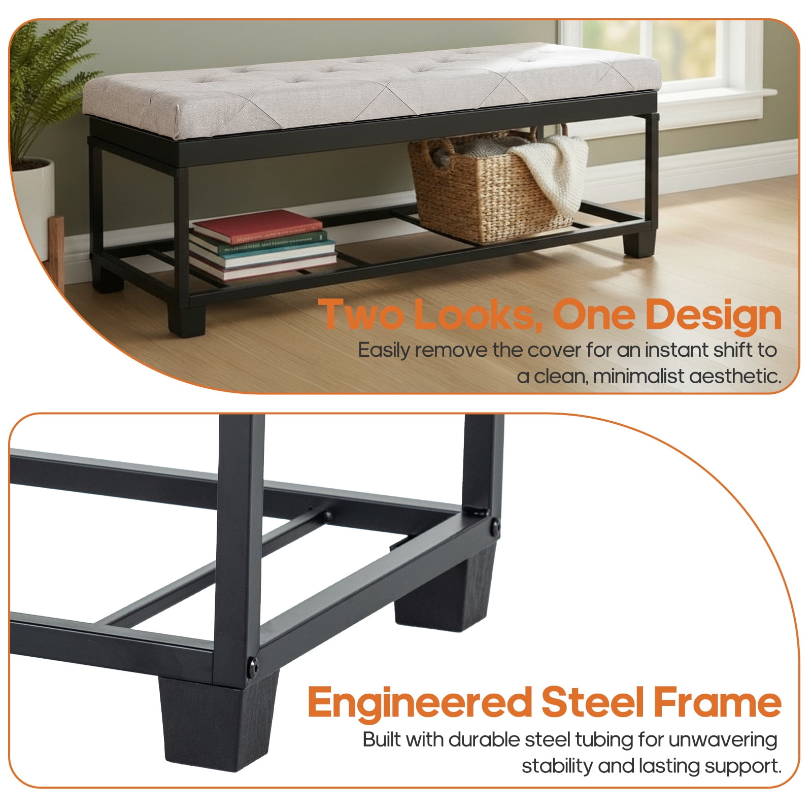 CONCETTA Versatile Storage Ottoman Bench, Tufted Upholstered End of Bed Chest, Foot Rest with Legs, Ample Capacity for Living Room, Entryway, Light Gray