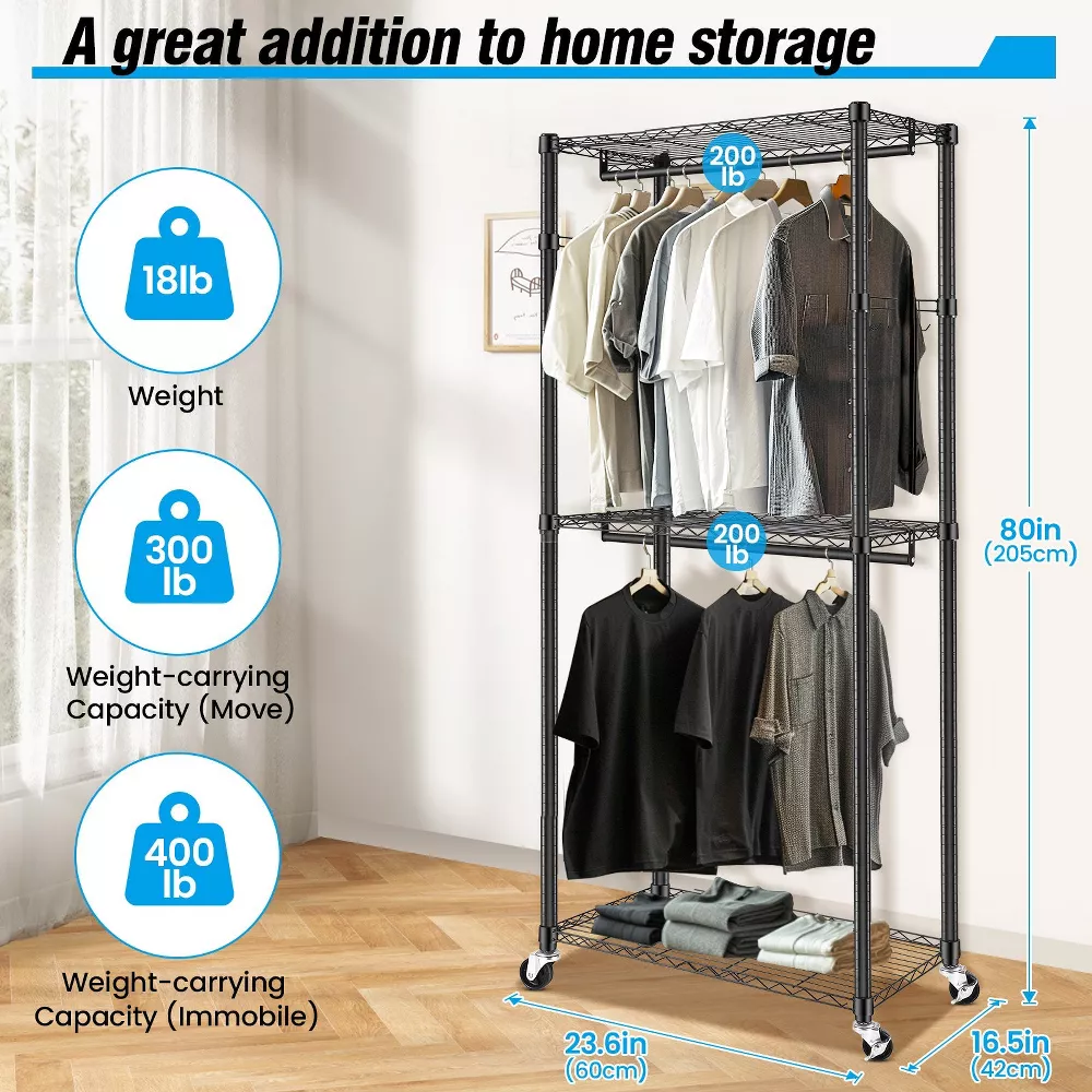 Sailvan Heavy Duty Clothing Rack with 3 Tier Adjustable Shelves, Double Rod Rolling Garment Rack, Small Space Freestanding Closet Wardrobe 16.54"D x 35.43"W x 80.71"H,Gray