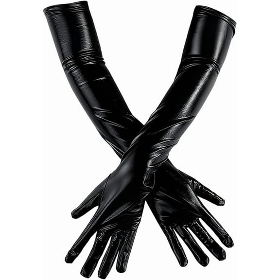 22 Inch Long PU Leather Opera Gloves Black Shiny Metallic Finger Hand Gloves Stretchy Leather Rave Role Play Arm Warmer Elbow Length