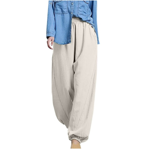 Yuyuzo Womens Cotton Linen Harem Pants Elastic High Waist Baggy Solid Color  Blommers Cute Flowy Beach Trousers with Pockets 