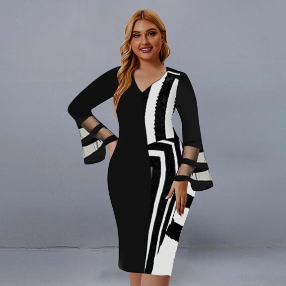 Honeeladyy Women's Large Patchwork Dress Hip Wrap Skirt Long Sleeve Casual Swing Dress Longuette Dress dresses for women