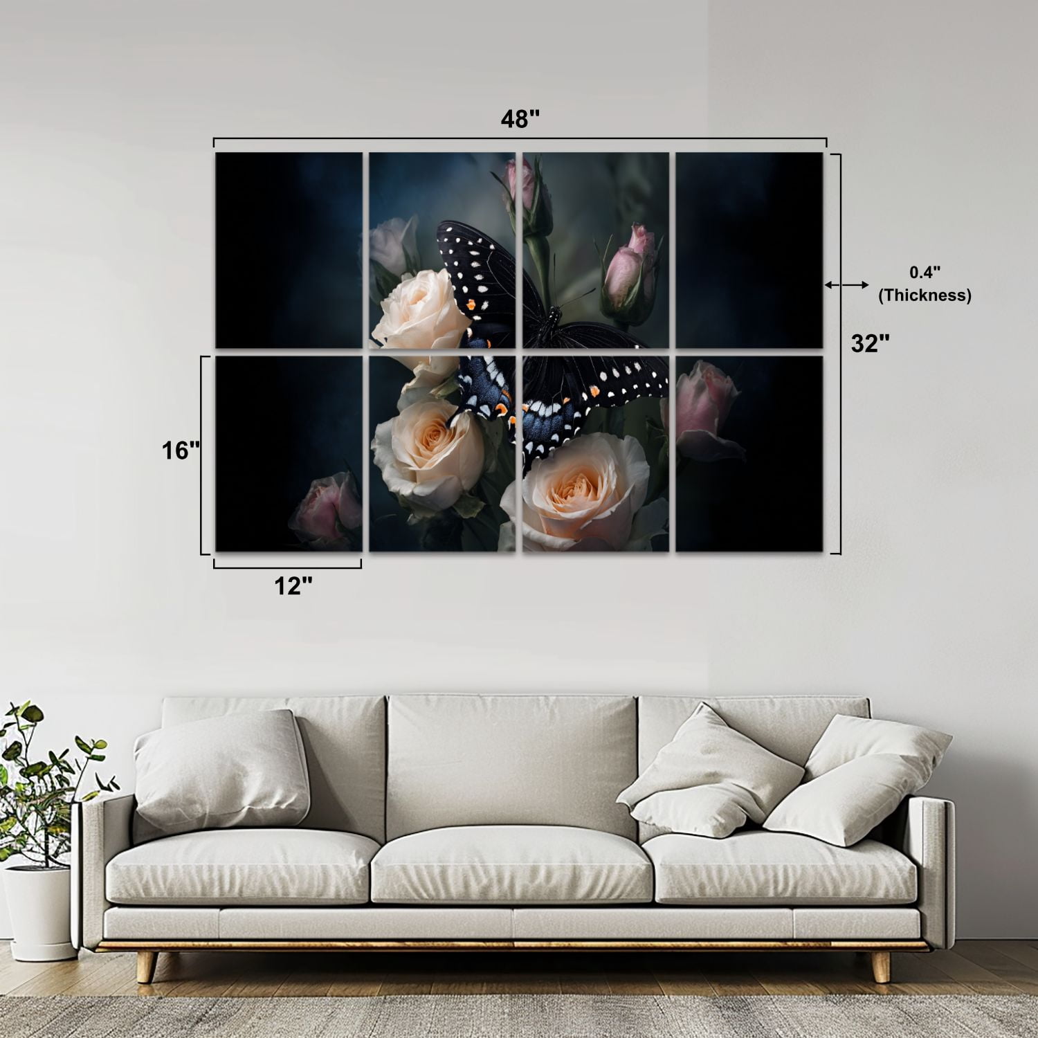 8 Pack Art Acoustic Panels Sound Absorbing Black Butterfly White Spots Romantic Dark Floral Roses Moody Decorative Soundproof Wall Panels Self Adhesive for Nursery Game Room Bedroom 48"x32"