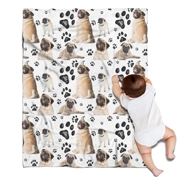 Pug and Footprints Blanket,Comfortable Soft Flannel Throw Blanket,All Season,Warm Lightweight Blankets for Sofa Bed Couch Living Room Chair,30"x40"