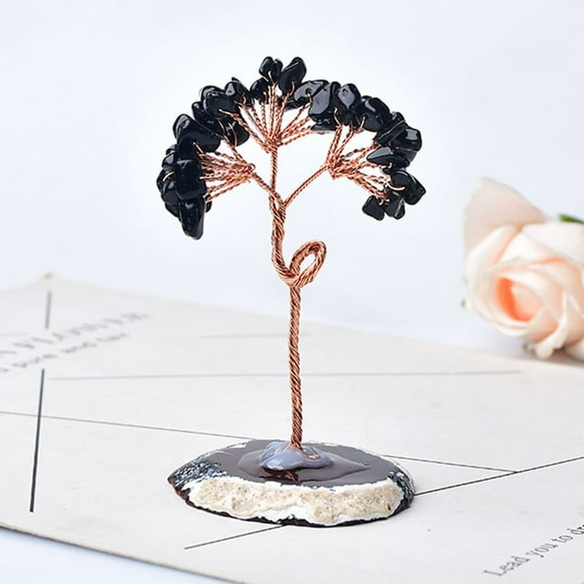 Xiao Hua adorno de árbol de la vida hecho a mano de piedra triturada natural negra, adorno de piedra de cristal natural para decoración del hogar.