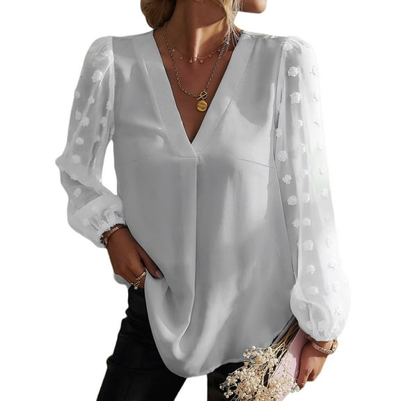 Women'S Casual Summer Blouses, Long Sleeve Business Blouses, Button Down V-Neck Chiffon Pom Pom Blouses White M