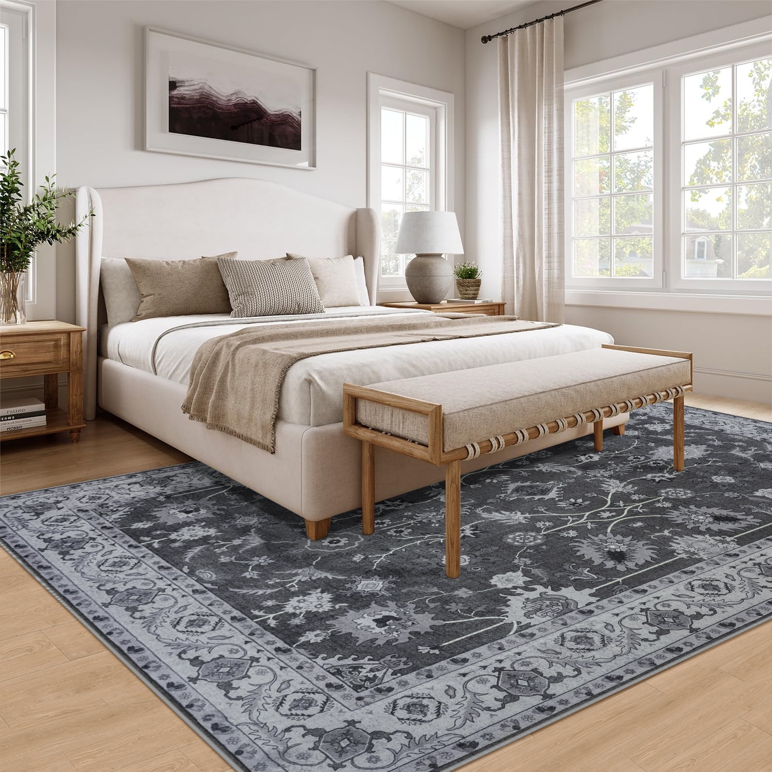 Wondo 6x9 Vintage Bohe Washable Black Area Rug for Living Room, Bedroom, Dining Room, Office, Nursery Anti-slip Easy Care Carpet, Ultra-thin Stain Resistant Indoor Low Pile Carpet