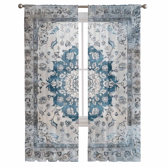 Vintage Boho Semi Sheer Curtains 108 Inch Length 2 Panels Set, Retro National Flower Textured Blue Sheer Kitchen Curtain Privacy Voile Window Curtain for Living Room Bedroom Rod Pocket Drapes