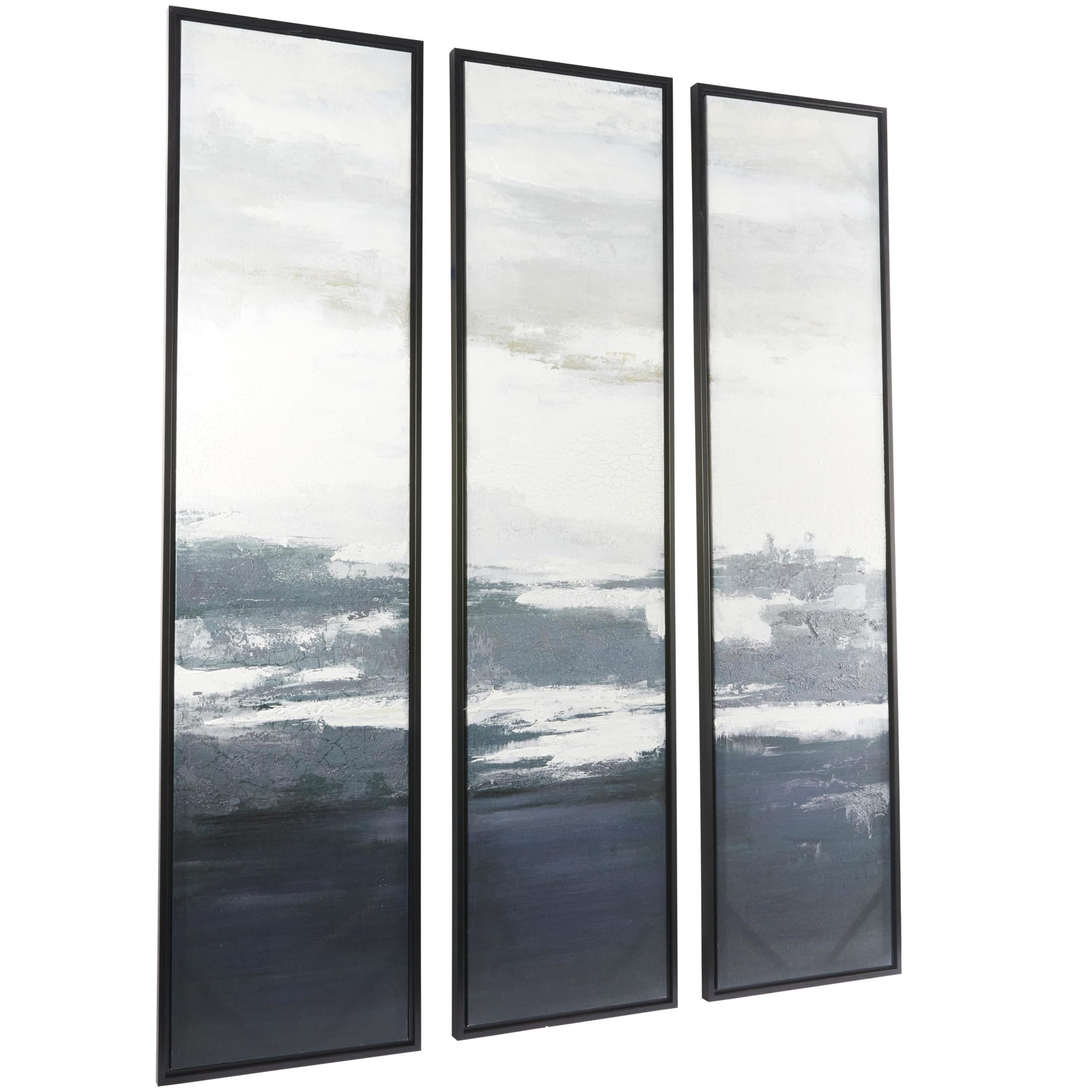18" x 71" Abstract Textured Panel Ocean Landscape Framed Wall Art with Black Frames, by DecMode (3 Count)