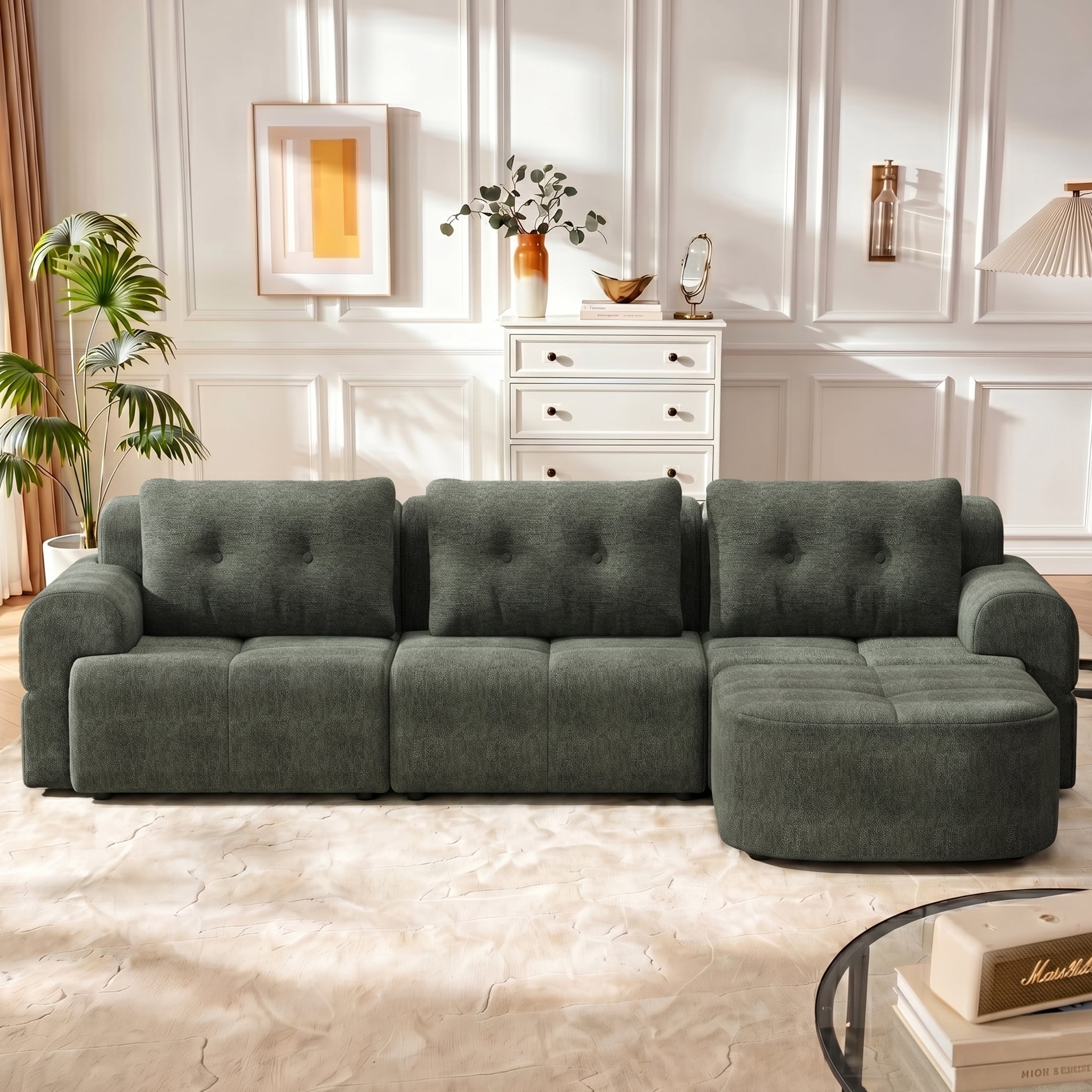 AISWORD 112" Modern L Shaped Modular Sectional Sofa, Cloud Sectional Deep Seat Couch, 4 Seater High-Density Memory Foam Couch Chenille Sofa, Boneless Couches for Living Room, No Assembly, Green