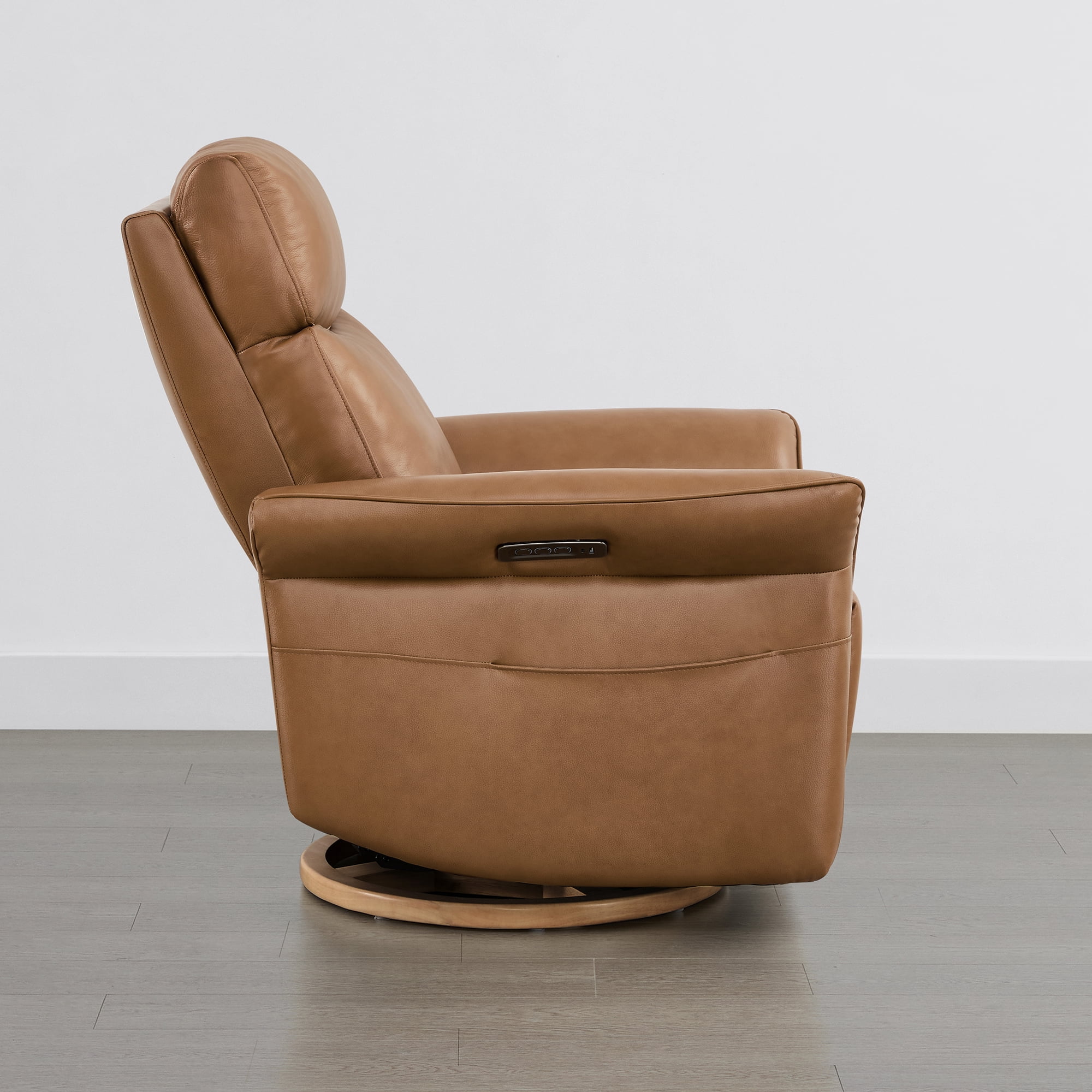 Spruce & Spring 270° Power Swivel Leather Glider Recliner with Power Headrest & Lumbar, USB & Type-C Charging, for Nursery & Living Room, Saddle Brown