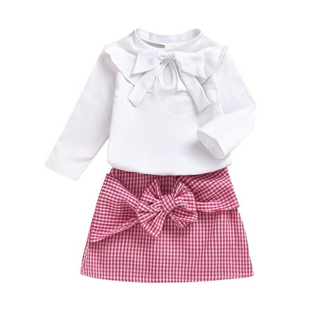 

Honeeladyy Winter Coats Newborn Baby Toddler Girls Suit Pure White Bowknot Long-sleeved T-shirt + Red Checkered Skirt Two-piece White Sales Online