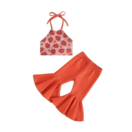 

FEORJGP Toddler Baby Girls Summer Outfit Infant Sleeveless Camisole Tie-up Halterneck Vest Strawberry Print Waistcoat Cropped Tops with Elastic Flare Pants Little Girl 2-piece Casual Outfit