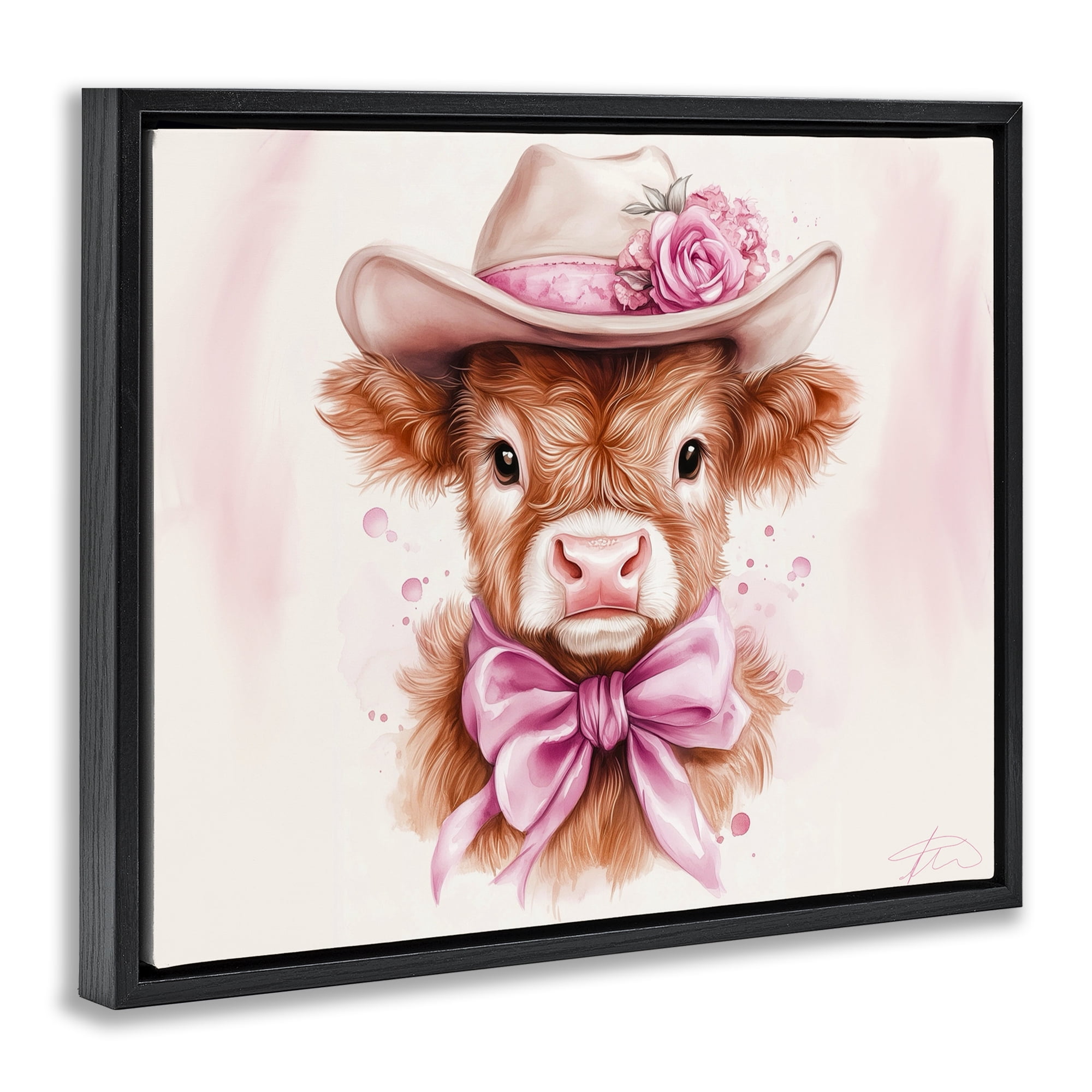 Pretty In Pink Cow Black Framed Floater Canvas Wall Art, design by Shawna Stewart