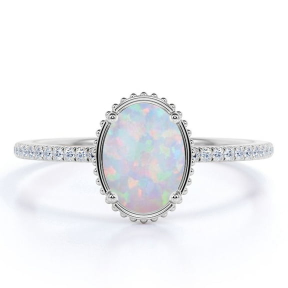 JeenMata Antique 1.75 ct Oval Cut Real Opal and Moissanite Engagement Ring in 18k White Gold over Silver