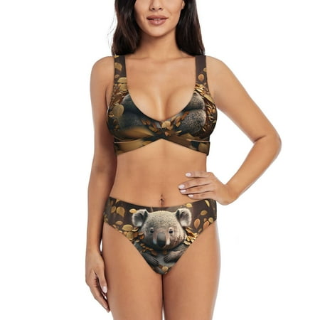 Zeuib Cute Fallen Leaf Koala High Waisted Tummy Control Bikini Set - Knot Front Push Up Top & Cheeky Thong Bottom  Two-Piece Swimsuit for Women-Medium