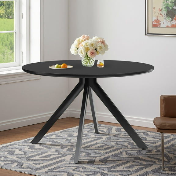 MAYEERTY 47"Round Wooden Dining Table, Metal Frame, Fits 4-6,for Kitchen, Dining, Living Room, Black