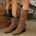 thumbnail image 3 of Rokment Slouchy Buckles Mid Calf Dress Boots for Women Ladies Fall Winter Trendy Round Toe Wedge High Heels Wide Calf Tall Boots Khaki Size 7.5, 3 of 6