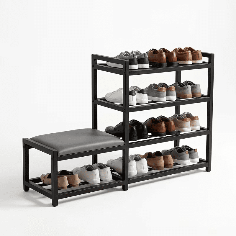 4-Tier Shoe Rack with Cushion,Heavy Duty Carbon Steel Frame, Anti-Slip Feet, Space-Saving Storage Organizer Shelf for Entryway, Living Room, Bedroom,Black