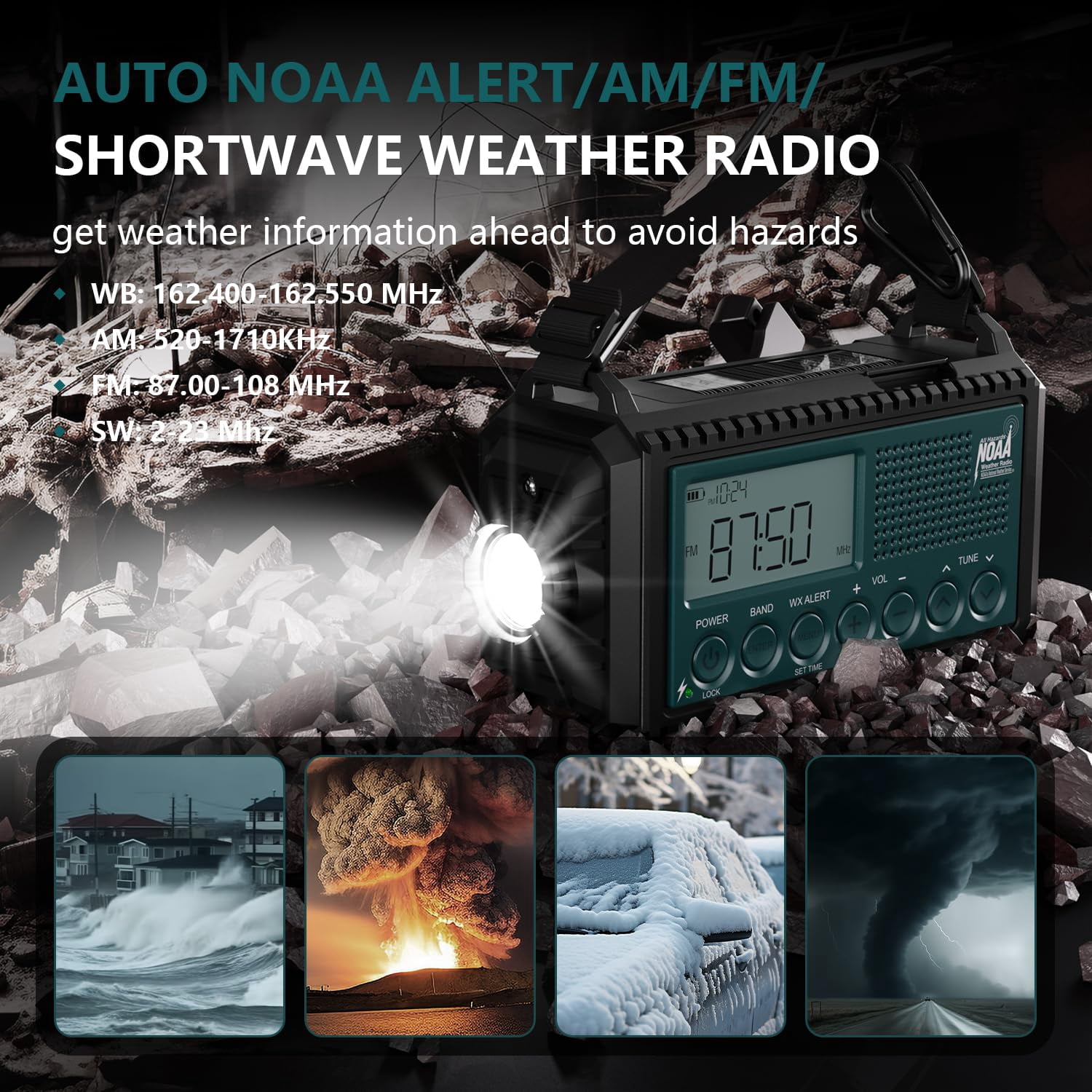 Noaa Emergency Weather Radio With Auto Alerts  5000mah Solar Hand Crank Am/fm/sw Shortwave Flashlight Reading Lamp Phone Sos Alarm Gear Time Clock & Large Lcd Display