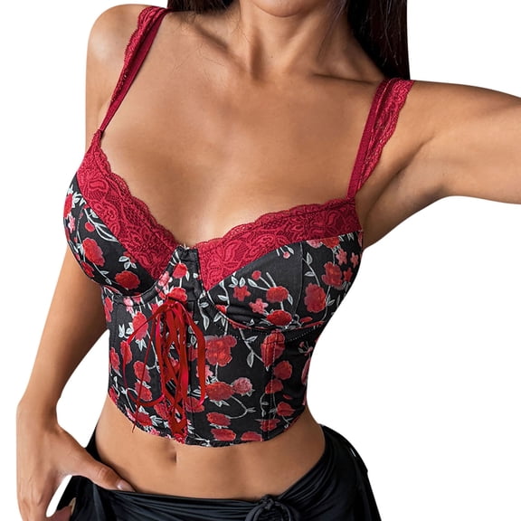 Women's Floral Body Suit Shapewear Red Lace Accents Adjustable Spaghetti Straps Overbust Corset Tops Black S