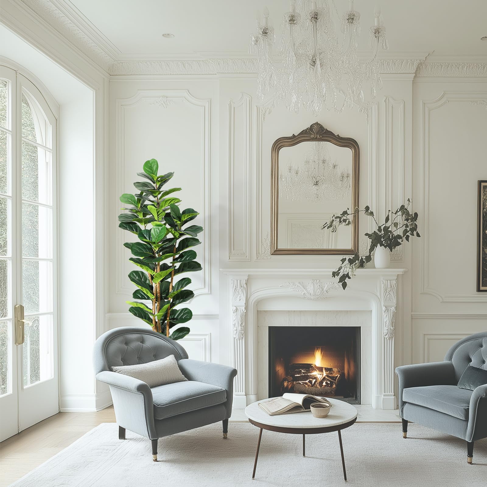 Faux Fiddle Leaf Fig Tree 5/6/7 FT, Artificial Ficus Tree with Tall Artificial Plants, Lifelike Fake Tree for Home Decor Living Room Indoor Outdoor