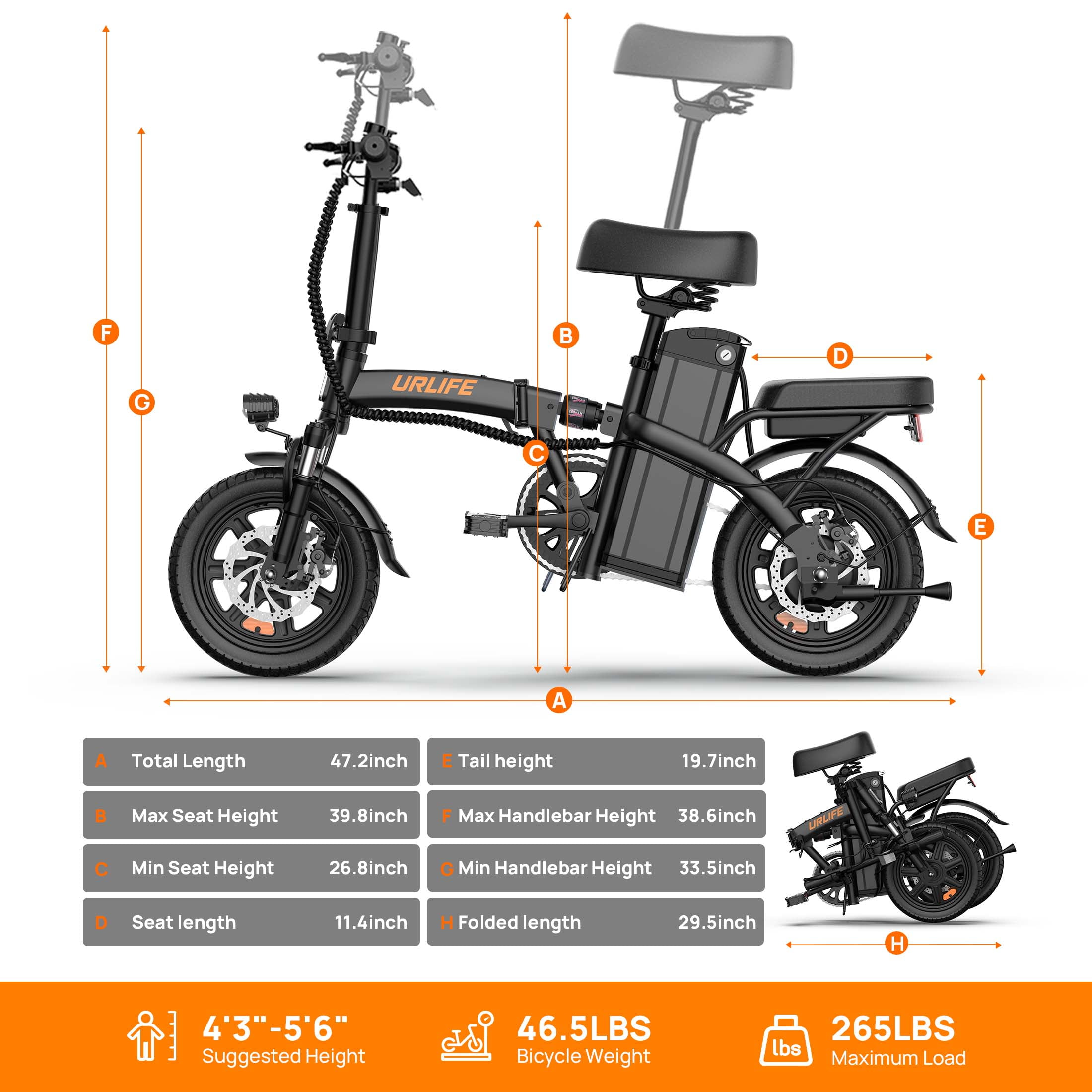URLIFE 14"Folding Electric Bike for Adults,500W Peak Motor,48V 7.5AH Removable Battery,Mini Ebike for Adults City Commuter,UL2849,Black