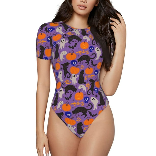 Balery Halloween Black Cats Body de cuello redondo de manga corta para mujer Tops de manga corta Tops básicos-Small
