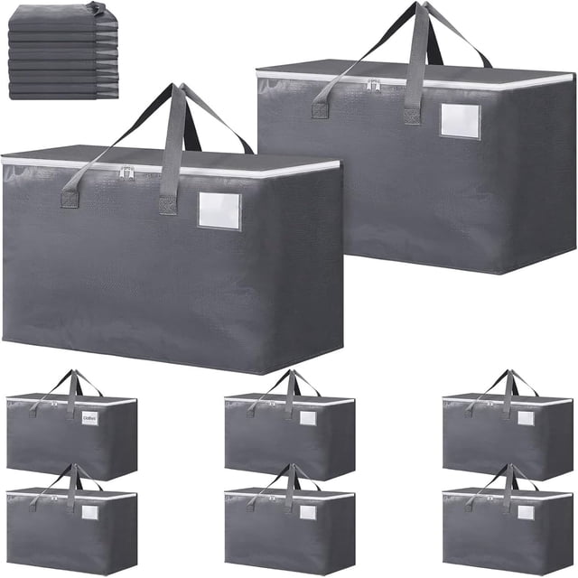 8PCS Cajas Mudanza XXL Grande - 93L Cajas de Almacenamiento, Bolsas de Mudanza de Gran Capacidad, Cajas para Mudanza con Asas Reforzadas y Bolsillo para Etiquetas (Gris)