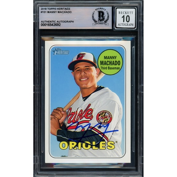 Manny Machado Autographed 2018 Topps Heritage Card #151 Baltimore Orioles Auto Grade Gem Mint 10 Beckett BAS 228987