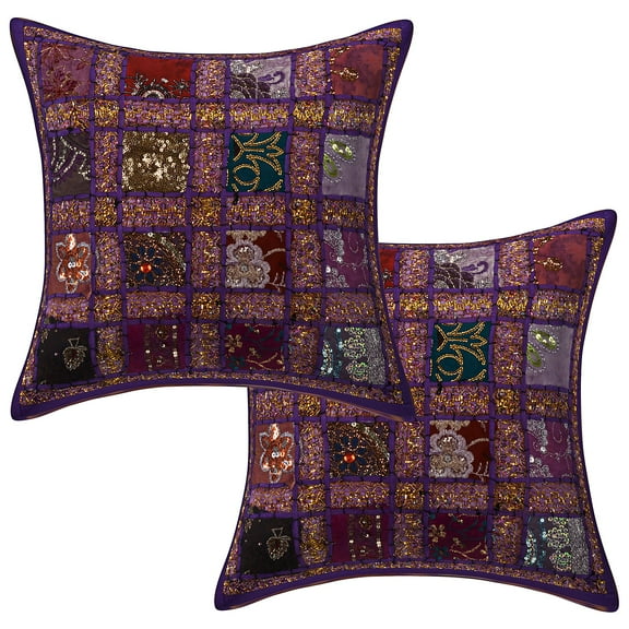 Stylo Culture Ethnic Sequins Settee Sofa Throw Pillow Covers 16x16 Patchwork Embroidered Purple 40x40 cm Home Decor Cotton Geometric Square Cushion Covers | Set Of 2