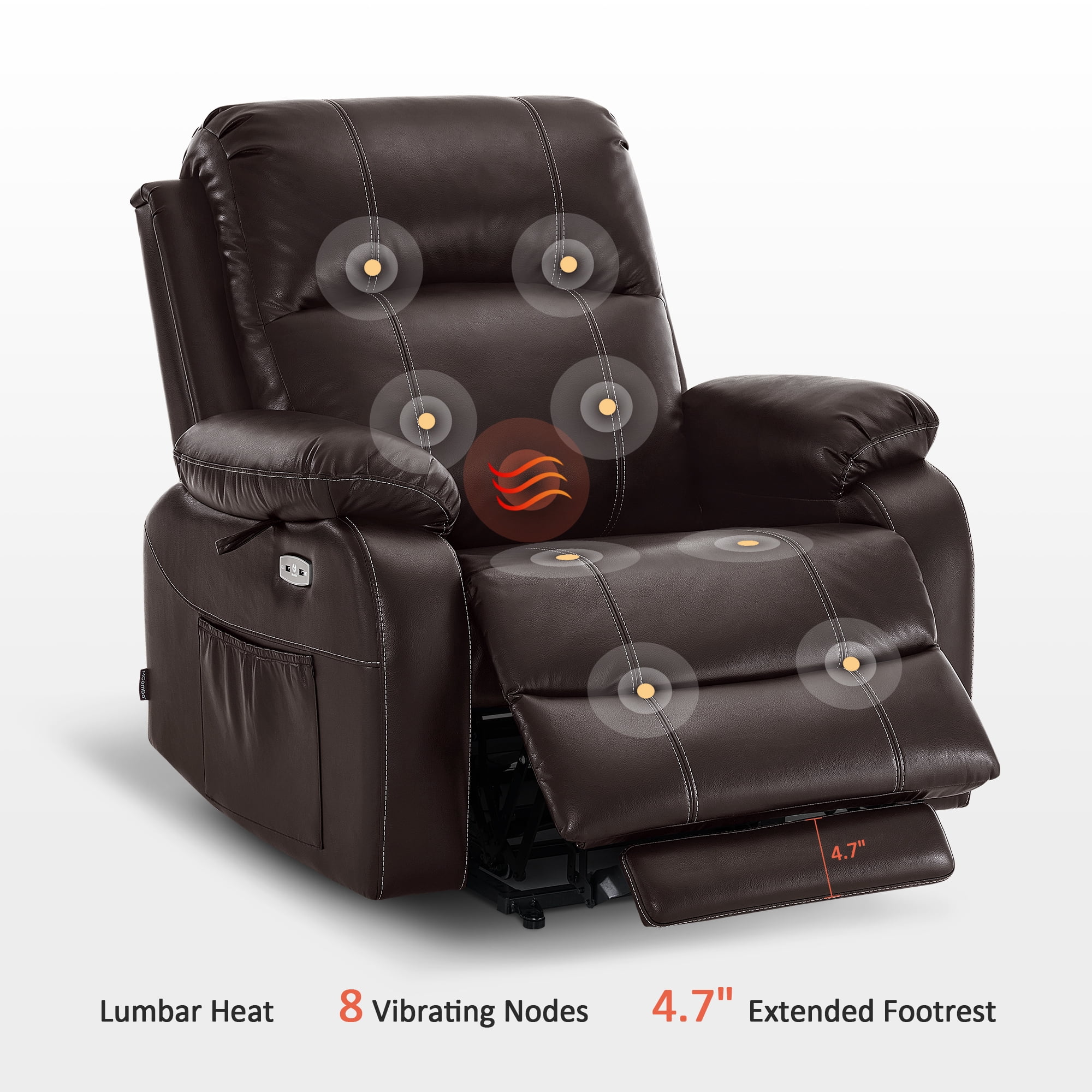 MCombo 27.2'' Extra Wide Seat Power Lift Recliner Chair with Massage and Heat for Short People, Faux Leather R7410 (Dark Brown, Wide)