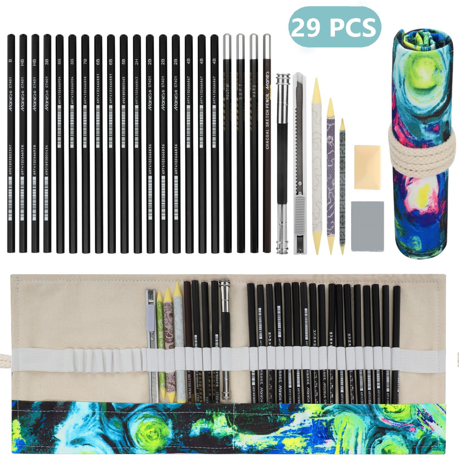 29pcs Sketch Pencils Eraser Charcoal Pencil Paper Drawing Set Art Supply Gift 