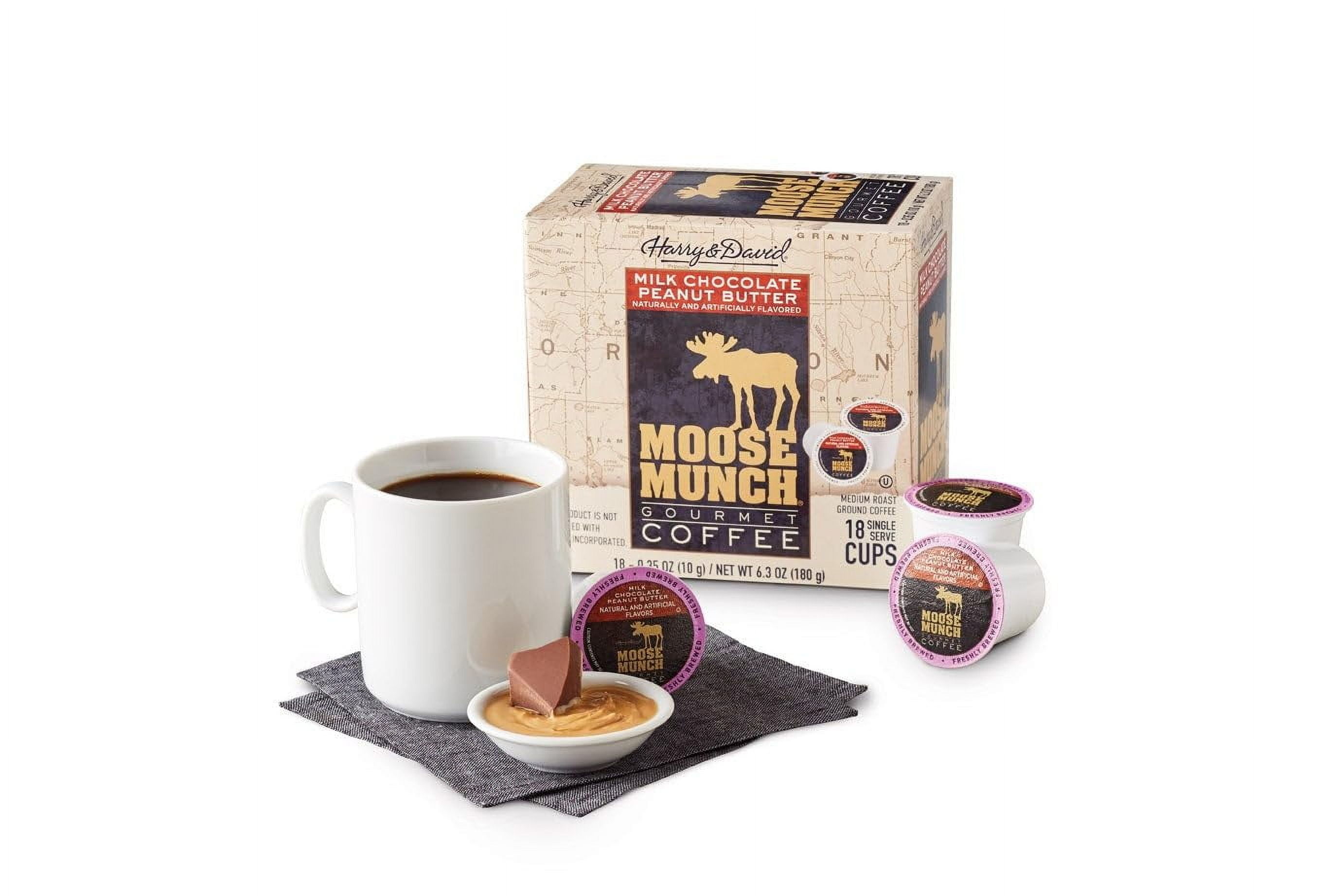 Moose Munch Single Serve Coffee by Harry & David, Milk Chocolate Peanut Butter, Medium Roast, 72 Count (4 Boxes of 18 Pods) – Compatible with Keurig Brewers