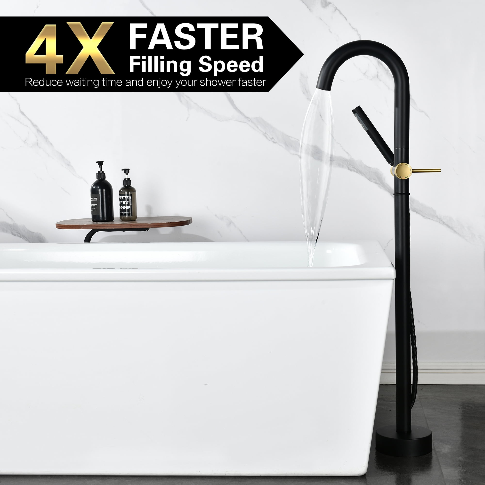 sumerain Floor Mounted Tub Faucet with Handheld, High Flow Freestanding Bathtub Faucet with Swivel Spout Black and Gold